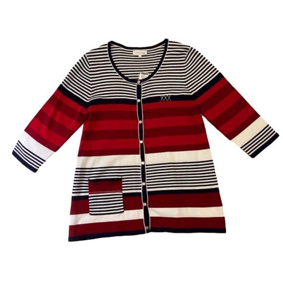 MARIE-CLAIRE nautical cardigan navy blue white striped red knit Large coastal - Picture 1 of 13